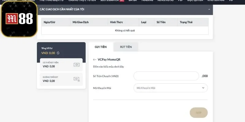 Chi tiết các bước nạp tiền M88