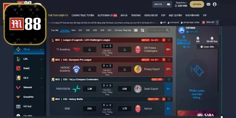 Thể Thao Điện Tử M88 – Trải Nghiệm Esport Đỉnh Cao 2 Sảnh Esport mang đến nhiều sản phẩm hot cùng kèo cược cực đa dạng